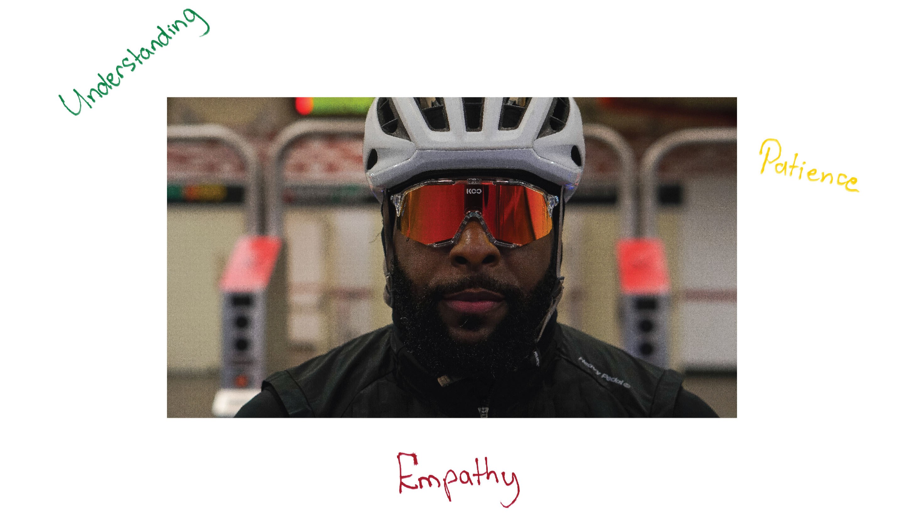 portrait of Makesi Duncan in cycling gear with the words "understanding" "Patience" and "Empathy" around the border