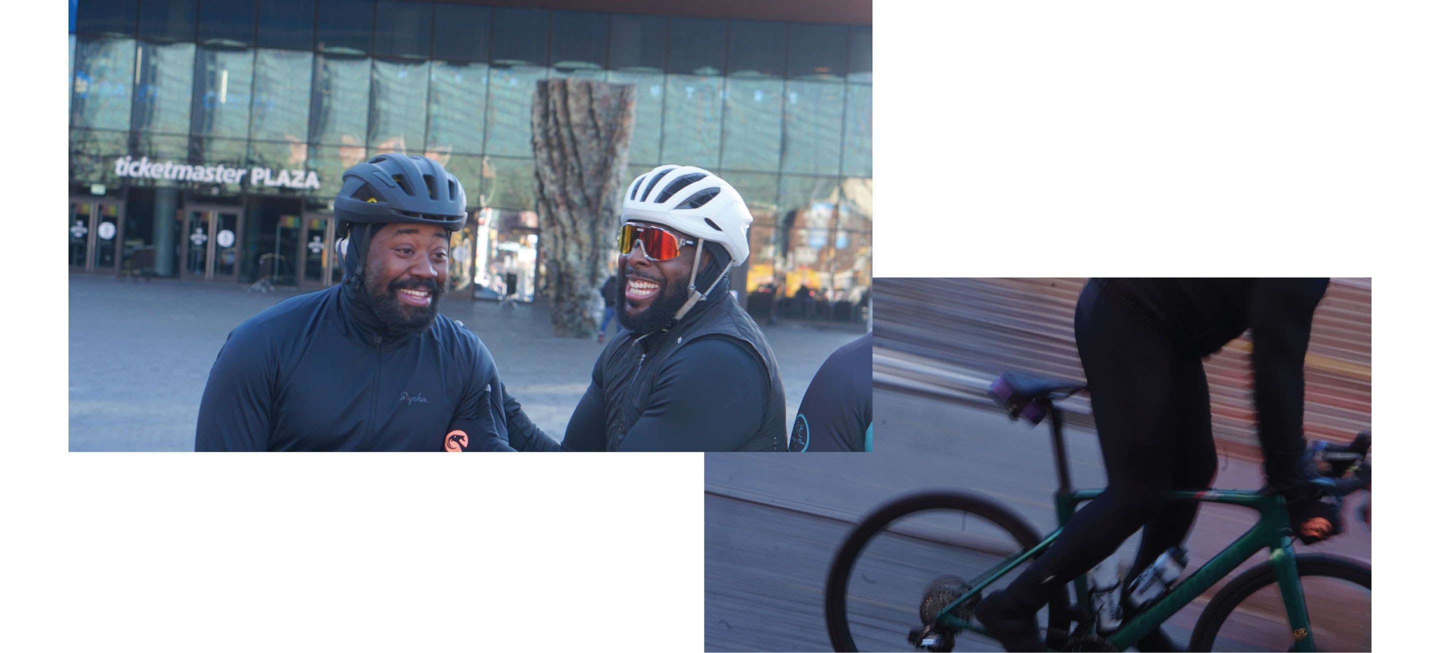 Two photos of Makesi Duncan riding his bike in NYC