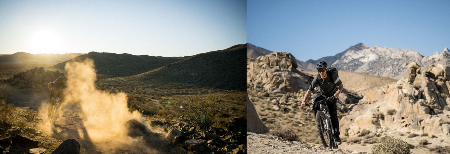 Left: MTB rider leaving trail of dust in desert. Right: MTB rider in full sun ascending steep trail.