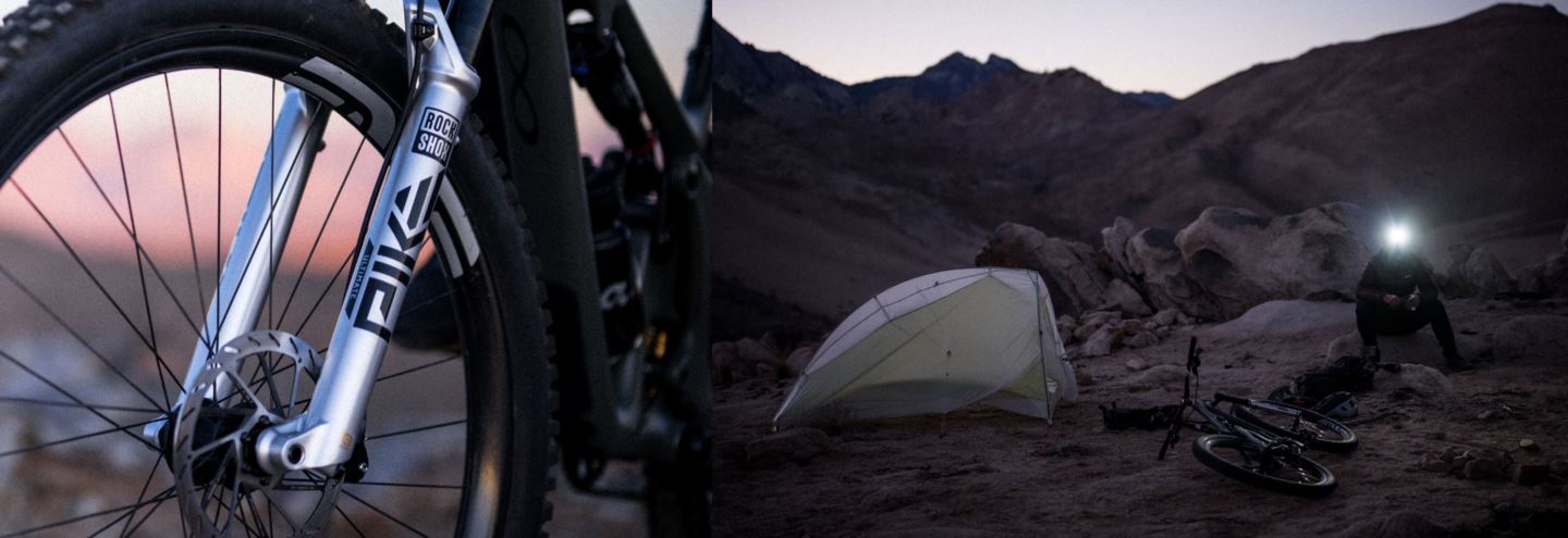 Left: Detail shot of Pike Ultimate Fork at dusk. Right: Rider with headlamp sitting next to bike and tent after dark.