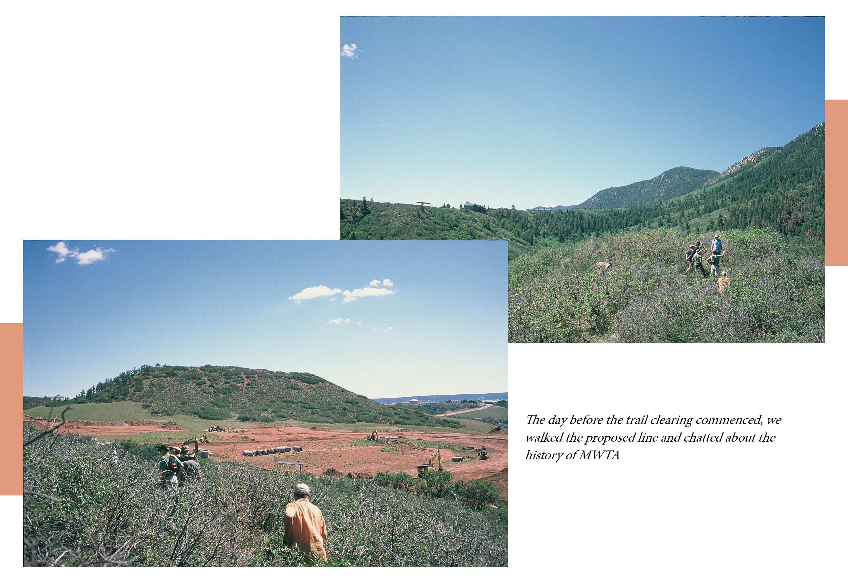 Two different views of volunteers walking the proposed line for trail work.