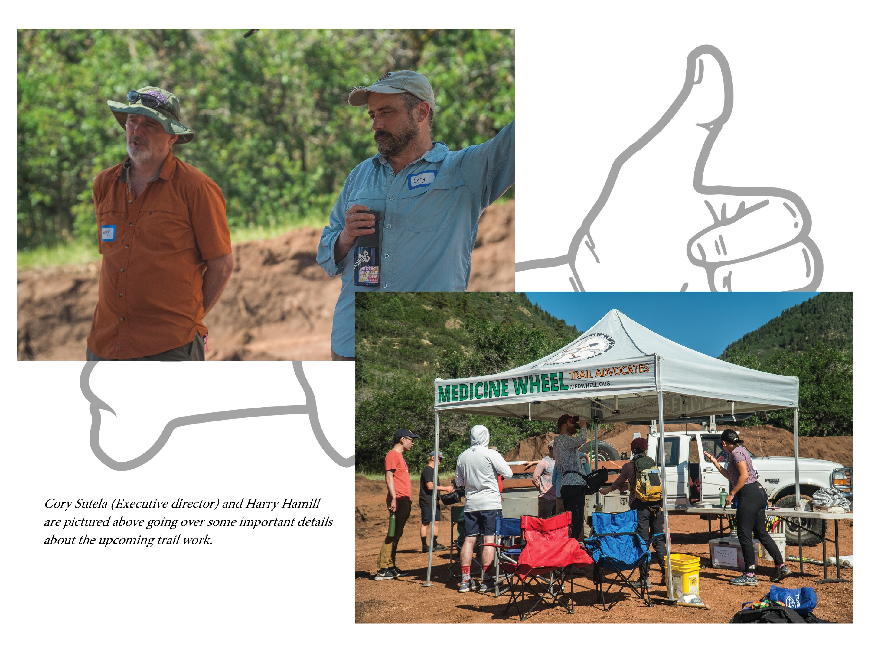 (Left) Cory Sutela (MWTA Executive Director and Harry Hamill go over important details about the upcoming trail work. (Right) Volunteers gather under a tent before trail work commences.