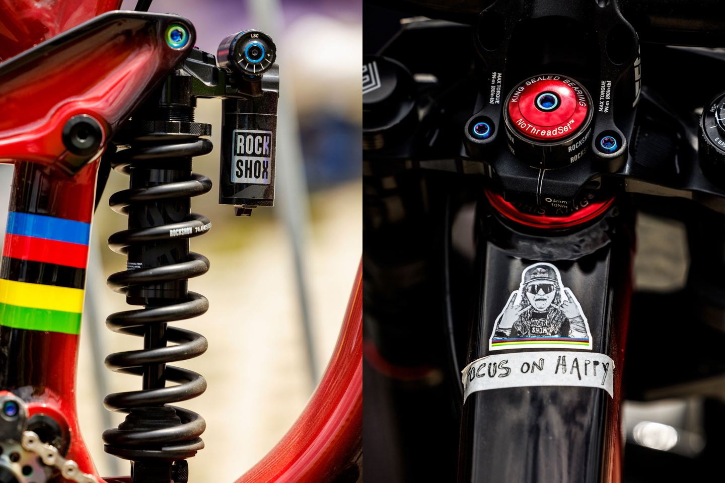 (Left) A close-up of a Super Deluxe Coil on Vali's bike. (Right) A top down shot of Vali's "Focus on Happy" sticker.